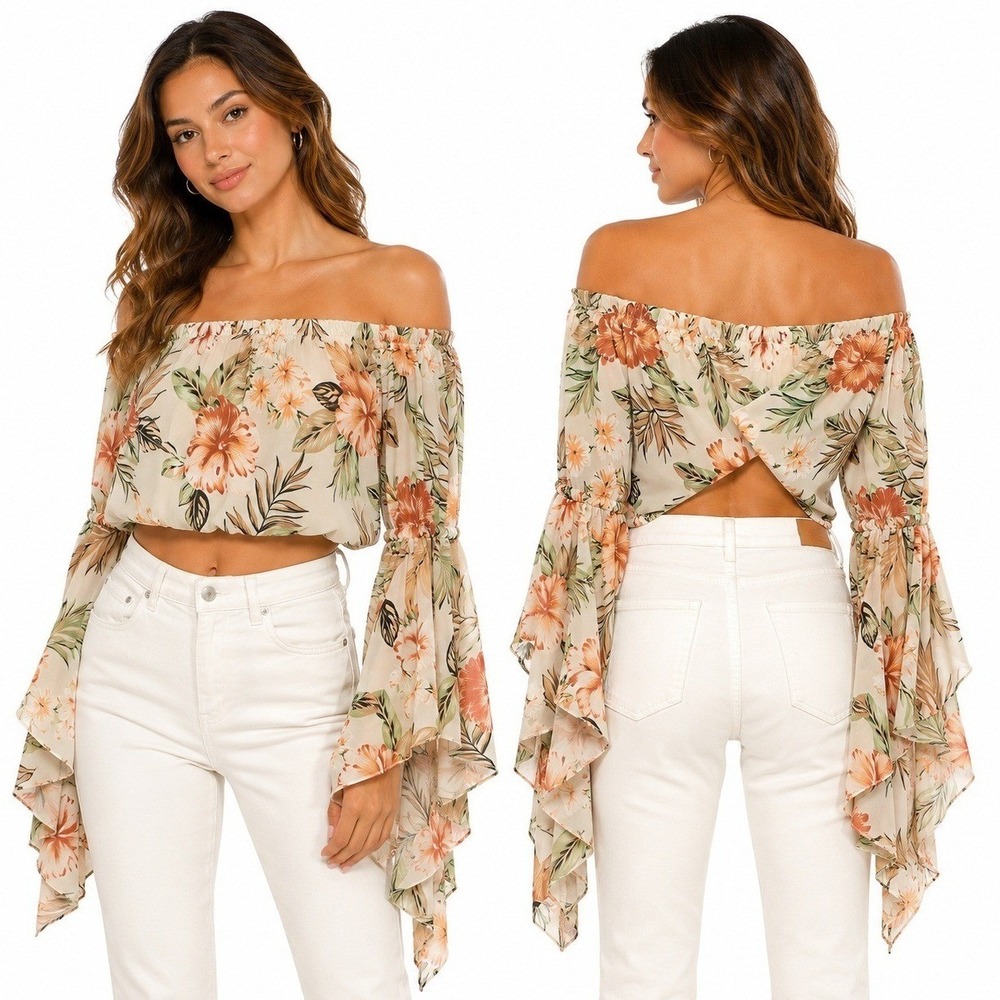 Live 4 Truth Blouse Womans L Floral Off Shoulder Cropped Bell Sleeve Open Back